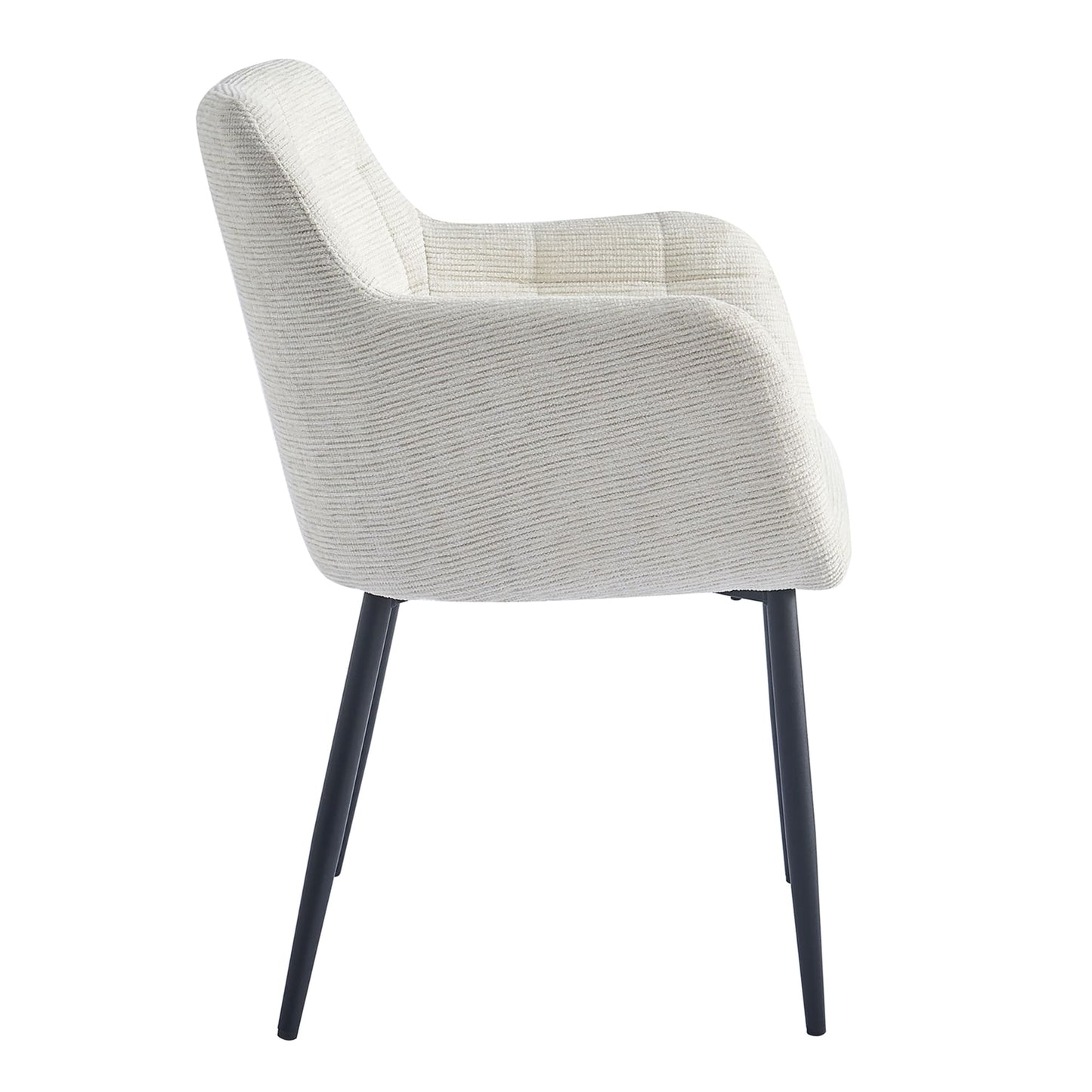 Chaise couture quadrillée avec accoudoirs et pieds en métal noir, vue de côté – design moderne et dossier enveloppant KUKUU.