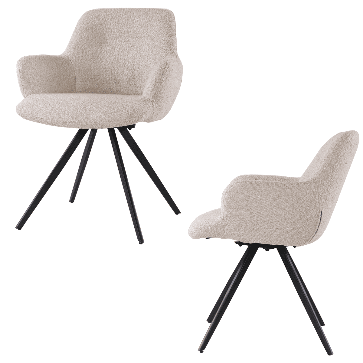 Chaise bouclette beige pivotante avec accoudoirs et pieds en métal noir – KUKUU