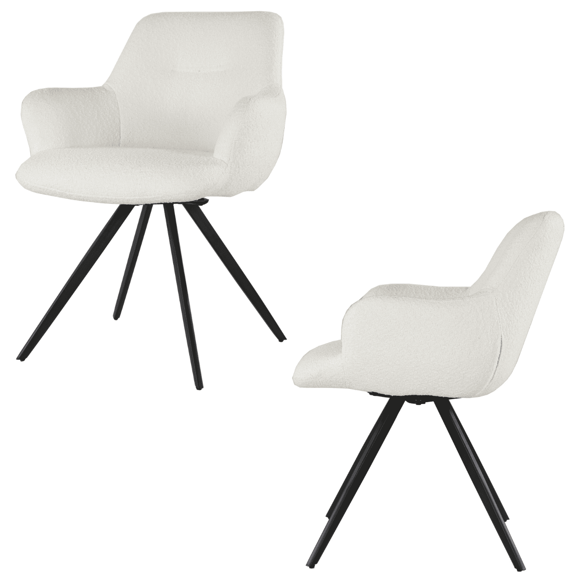 Chaise bouclette blanche pivotante avec accoudoirs et piètement en métal noir – KUKUU
