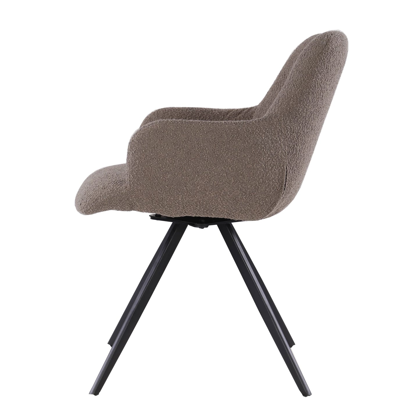 Vue latérale de la chaise bouclette marron pivotante avec accoudoirs et structure en métal noir – KUKUU