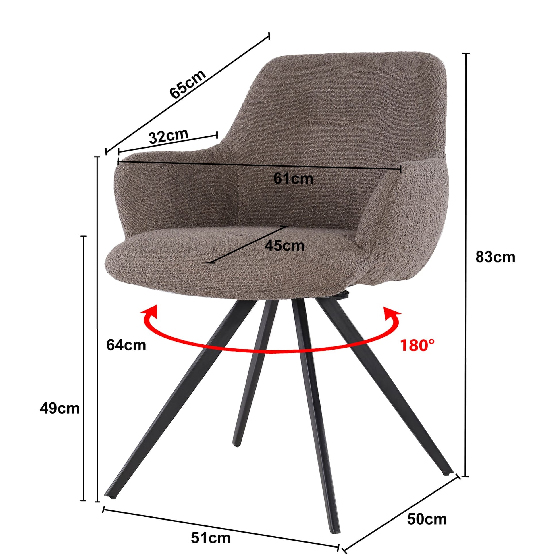 Dimensions de la chaise bouclette pivotante avec accoudoirs et pieds en métal noir – KUKUU