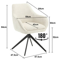 Dimensions de la chaise Confort pivotante 180° avec poignée et pieds en métal noir, hauteur 84 cm, assise 52 cm, largeur 64 cm – KUKUU.