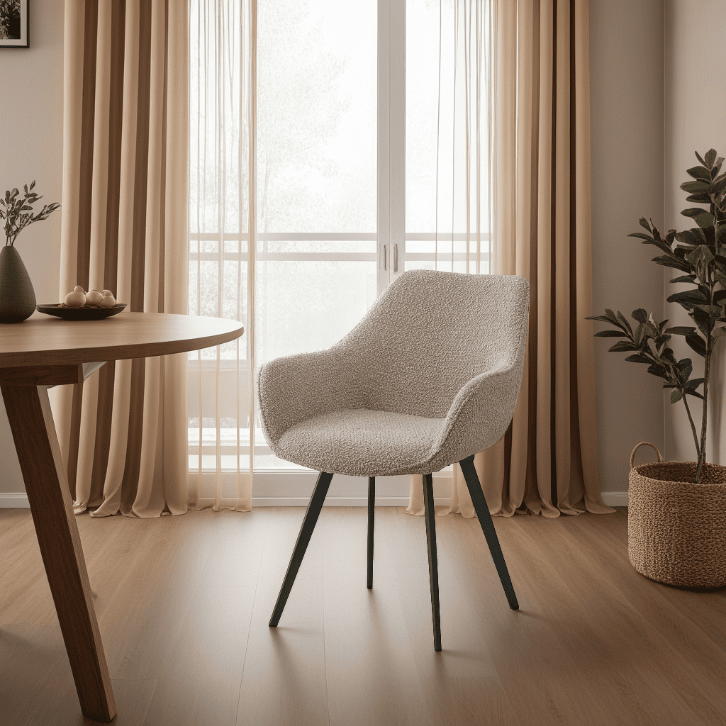 Chaise Cozy beige avec accoudoirs et pieds en métal noir – photo d’ambiance dans une salle à manger moderne – mobilier design KUKUU