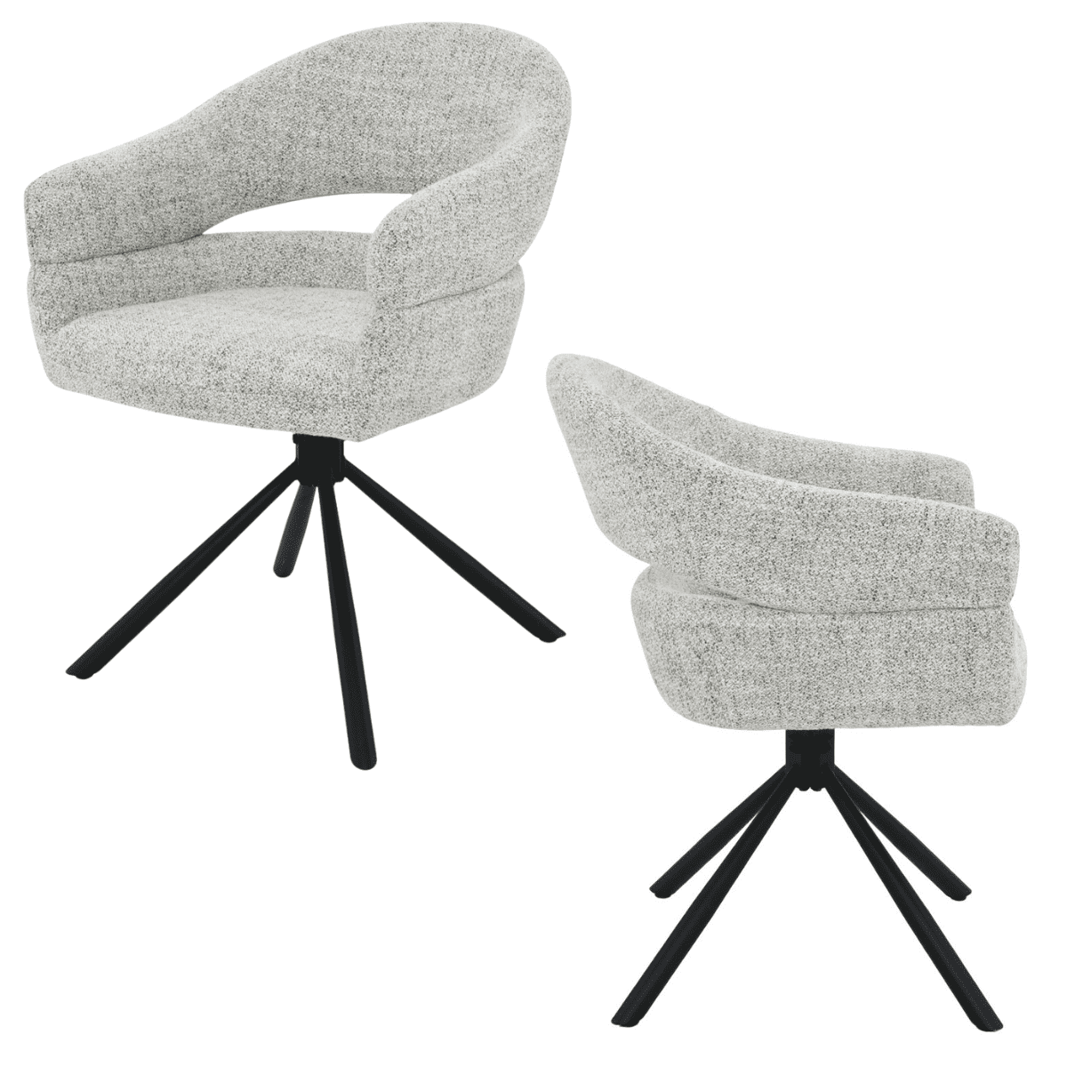 Chaise au dossier ouvert avec accoudoirs et pieds métal noir – vue avant et latérale – design contemporain Kukuu