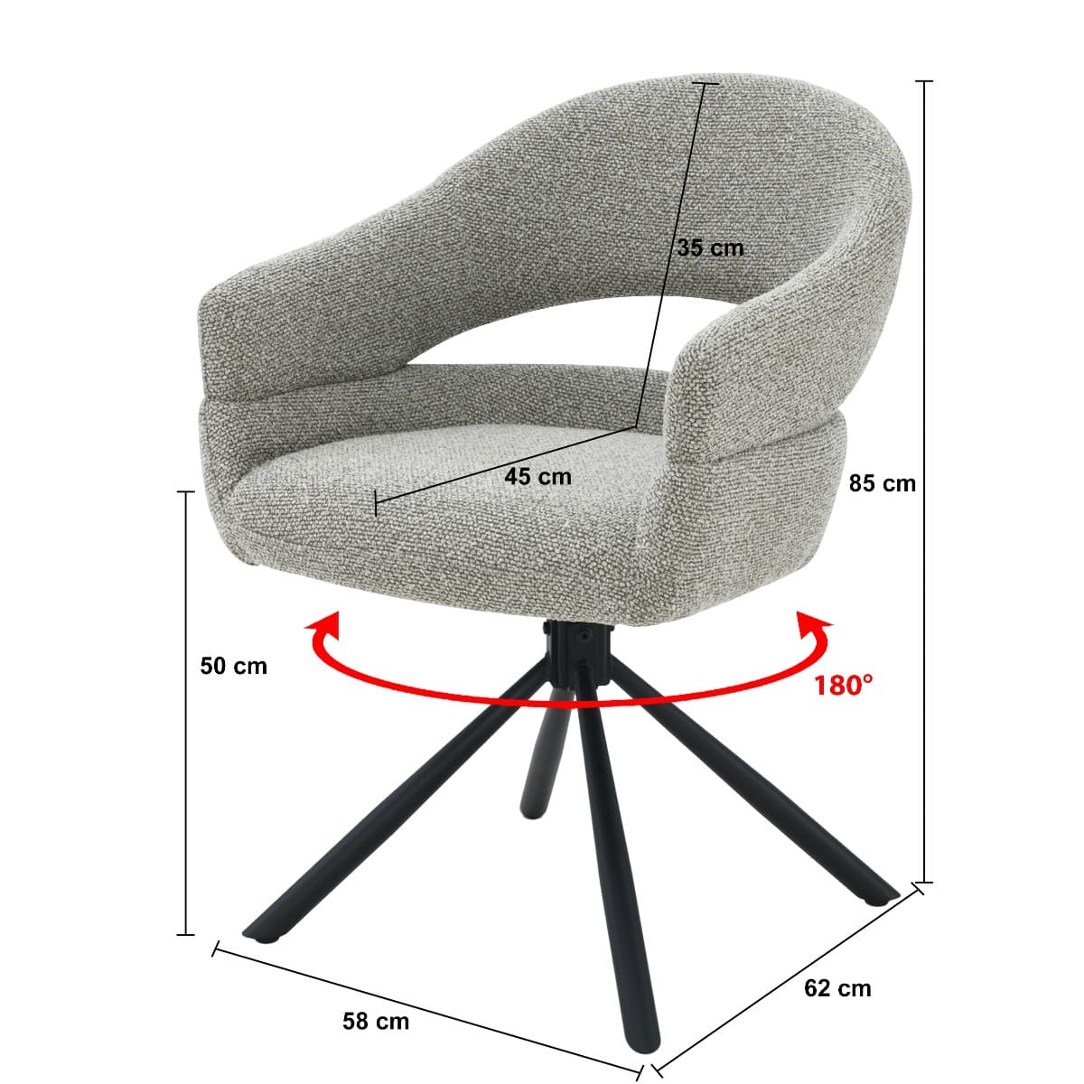 Dimensions chaise dossier ouvert Kukuu – assise 45 cm, hauteur 85 cm, pivot 180°, pieds métal noir