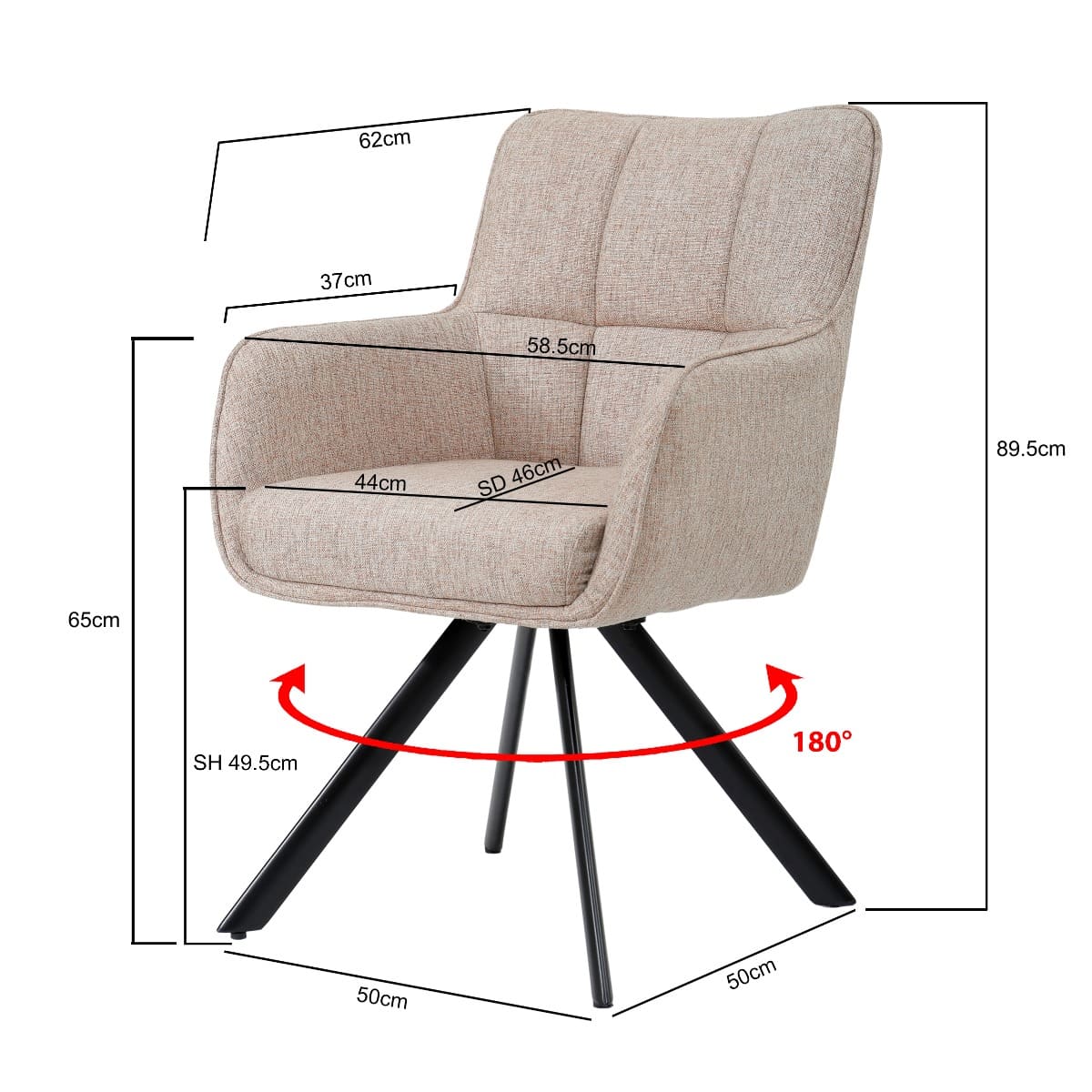 Chaise matelassée pivotante 180° avec accoudoirs et pieds en métal noir, dimensions détaillées – KUKUU