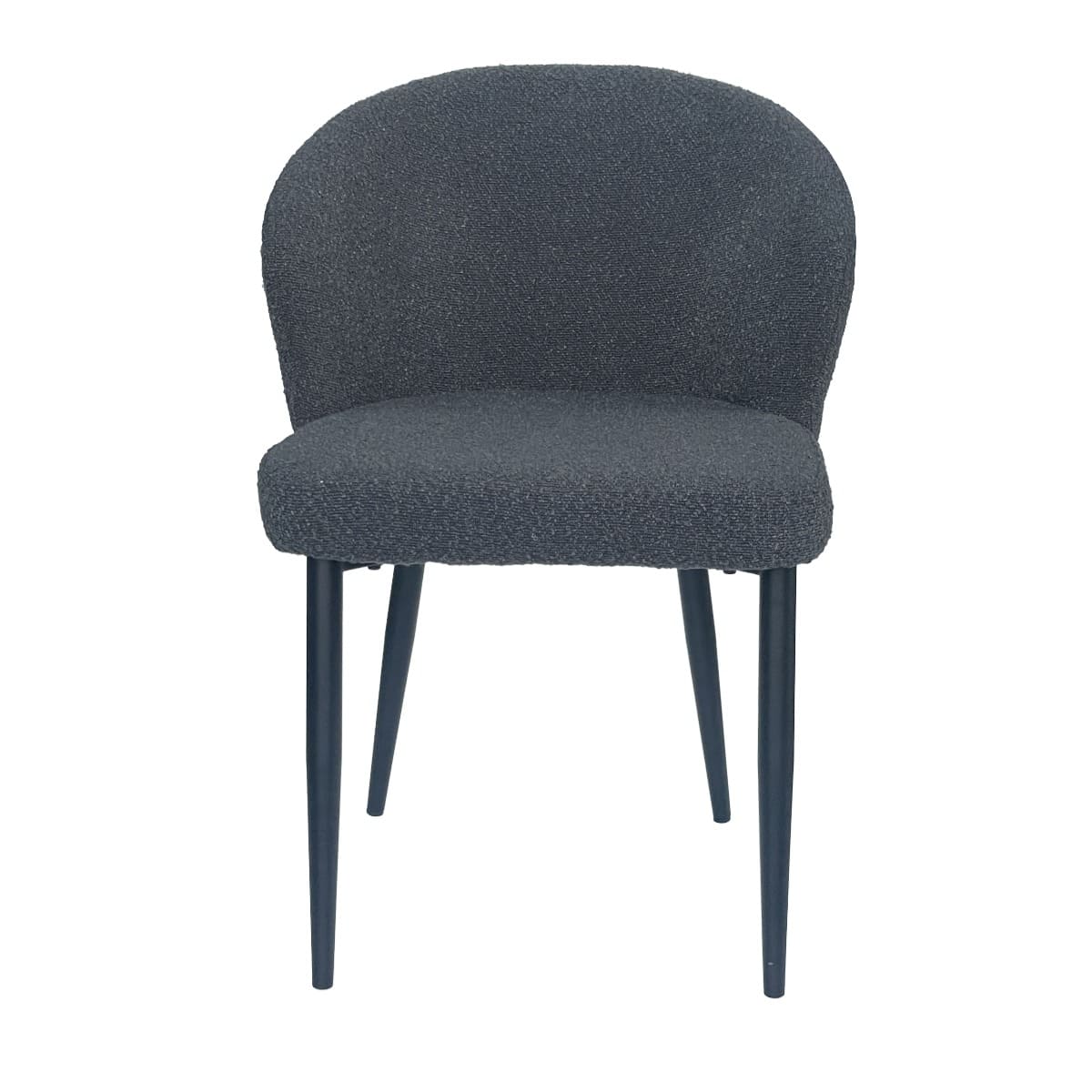 Vue de face de la chaise moderne KUKUU en tissu bouclette gris anthracite avec dossier rond et pieds métal noir, alliant confort et élégance.