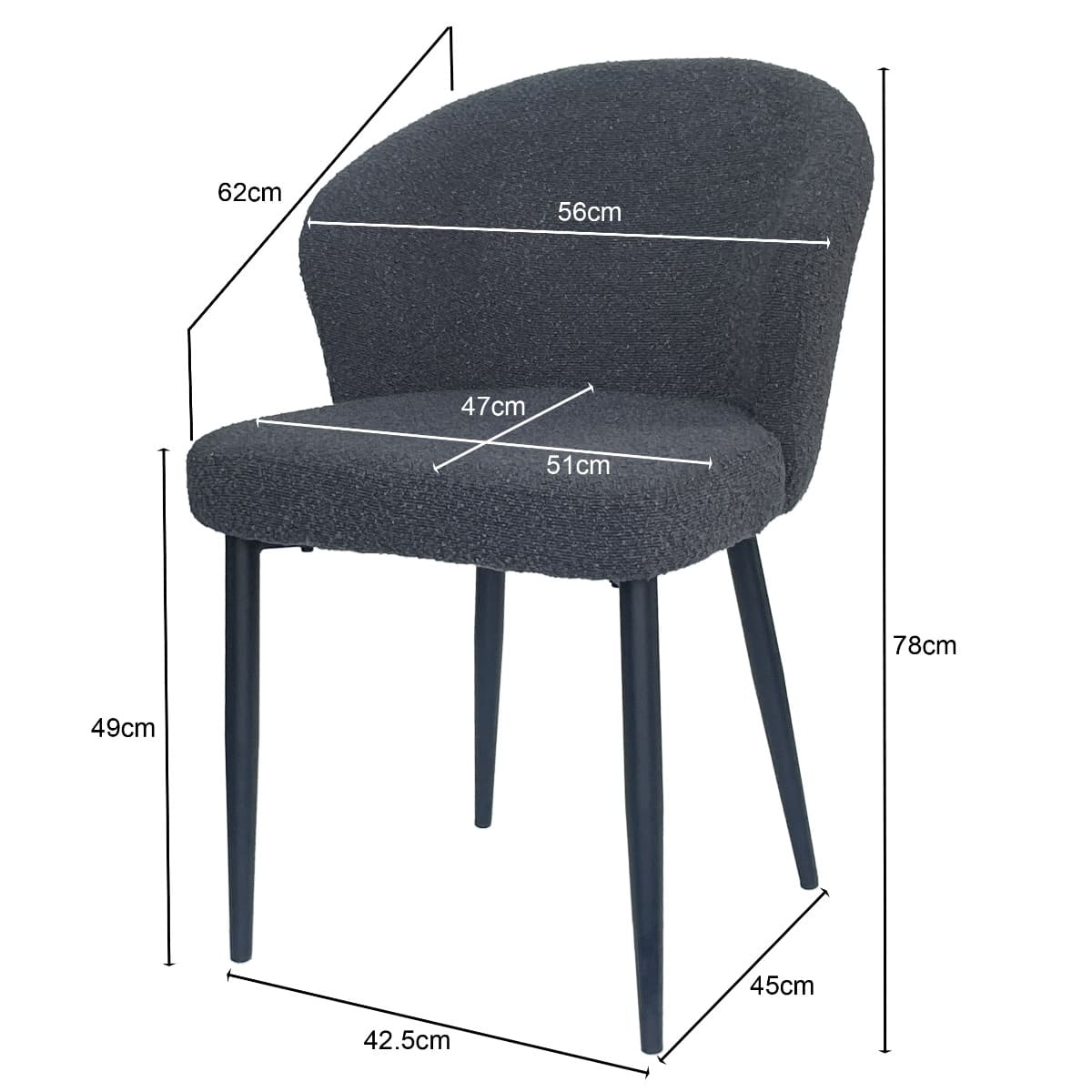 Dimensions détaillées de la chaise moderne en tissu bouclette gris anthracite avec dossier rond et pieds métal noir – hauteur 78 cm, assise 49 cm – KUKUU.