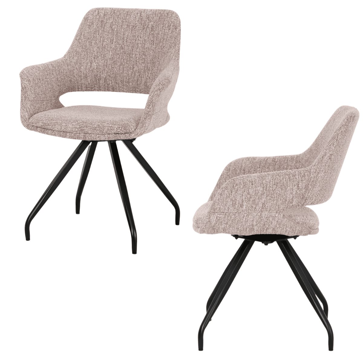 Chaise design avec accoudoirs et pieds en métal noir, assise en tissu texturé rose clair, style contemporain – KUKUU