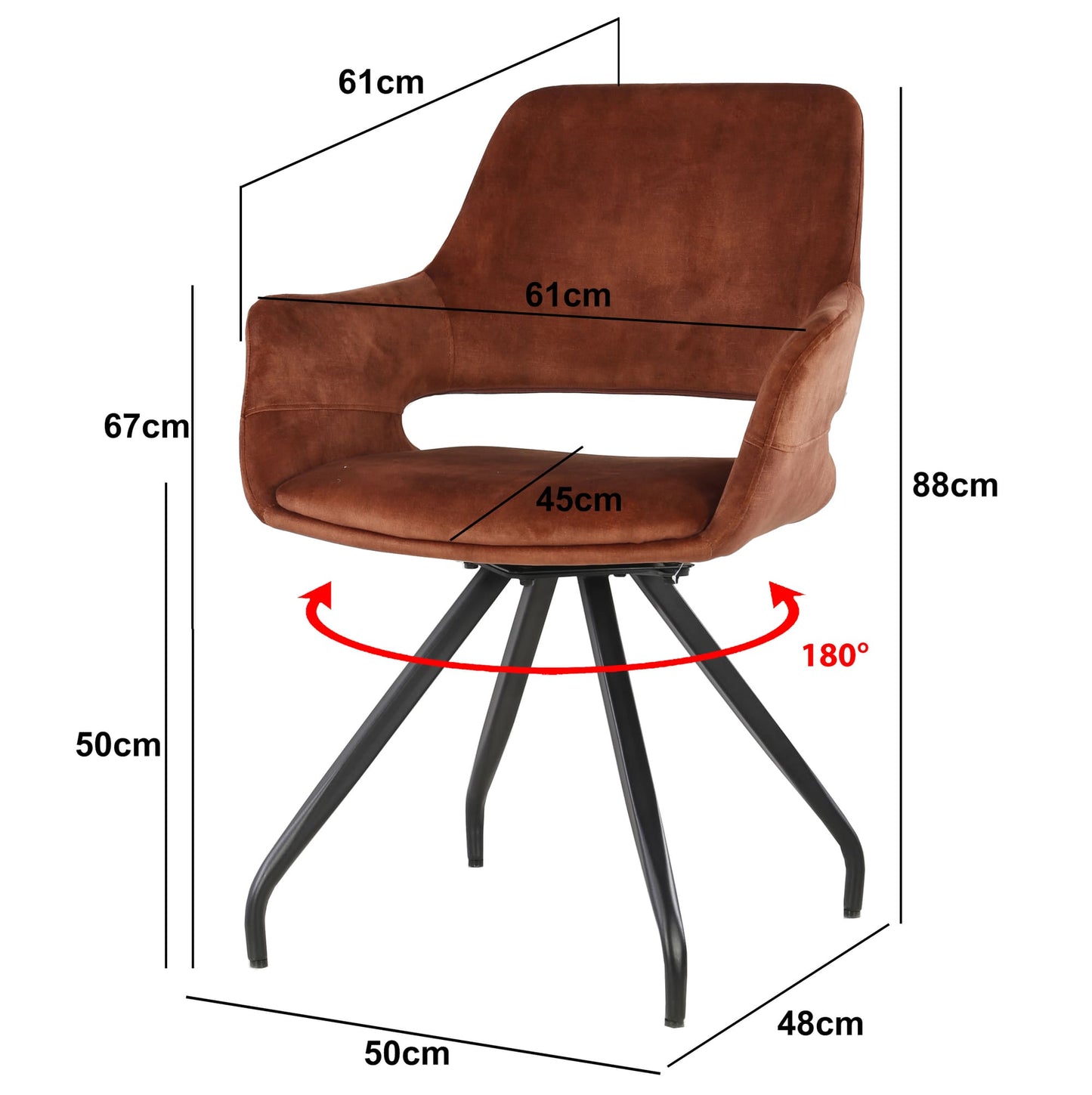 Dimensions de la chaise pivotante 180° avec pieds en métal noir, design moderne et assise confortable – KUKUU