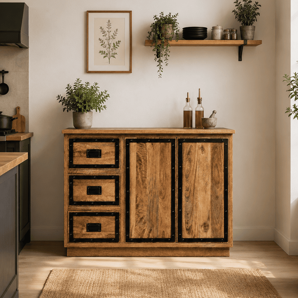 Meuble bas de cuisine industriel en bois massif 120 cm KUKUU