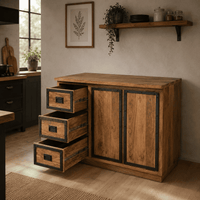 Meuble bas de cuisine industriel en bois massif 120 cm KUKUU - vue coté