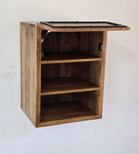 Meuble haut de cuisine industriel en bois de manguier massif et métal noir - porte ouverte