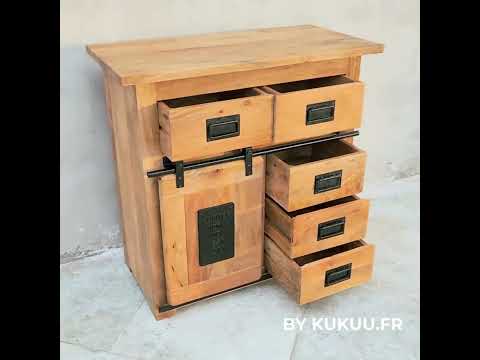 Buffet industriel 90 cm en manguier massif et métal noir, meuble de rangement design – KUKUU