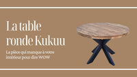 La table industrielle ronde 130 cm a été fabriquée à partir d'une base en métal et d'un bois en bois massif de manguier. Kukuu, meubles industriels de qualité.
