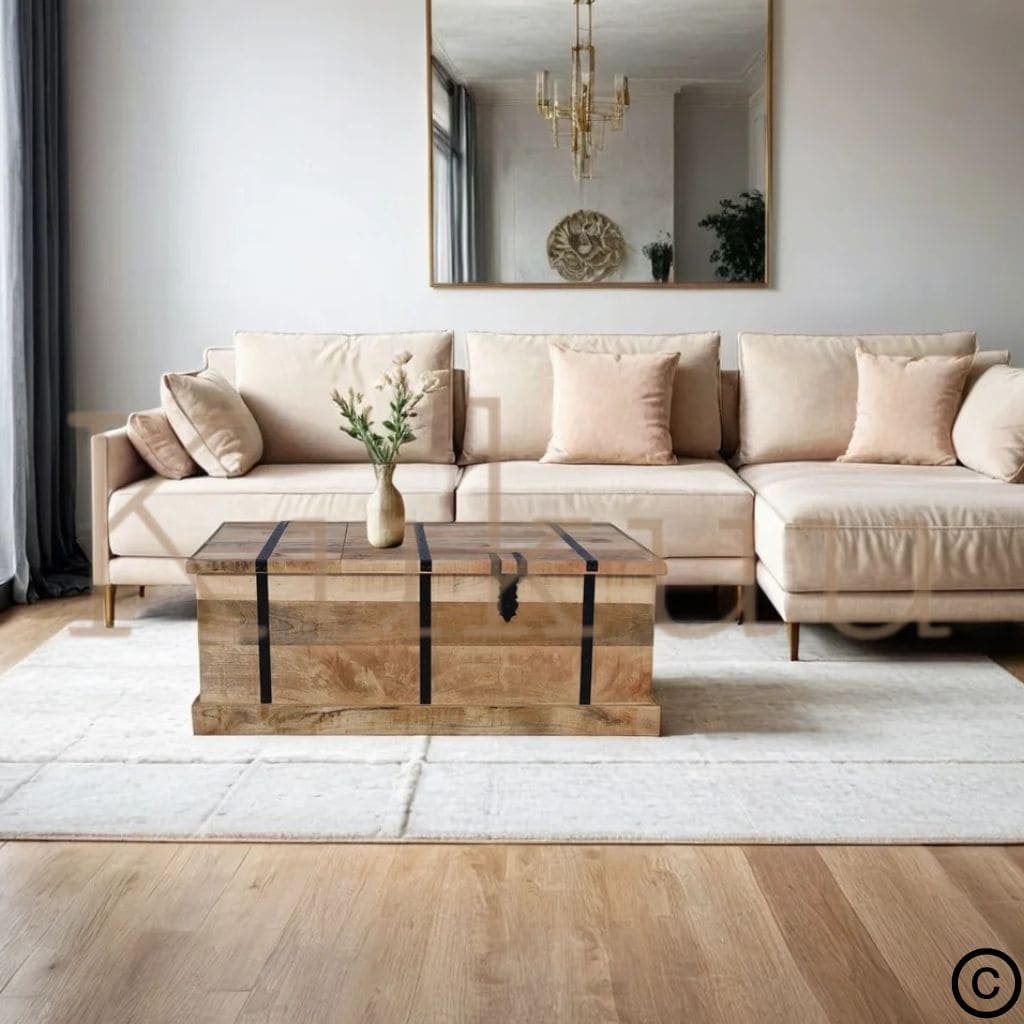 Cette table basse coffre est composée d'une structure en bois de manguier, avec des compartiments intérieurs et range bouteilles intégré! Mesure: 120 x 60 x 45 cm. Kukuu, spécialiste en meubles industriels.