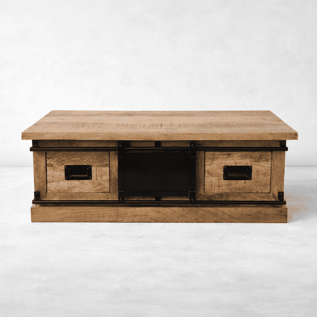 table basse industrielle en bois de manguier avec tiroirs et porte coulissante centrale KUKUU