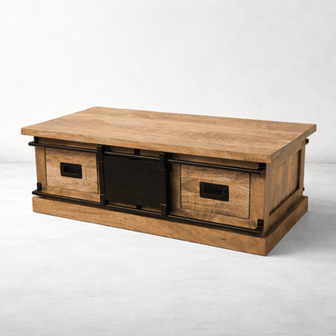 table basse industrielle en manguier massif avec tiroirs et porte coulissante métal noir KUKUU