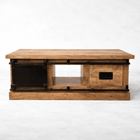 table basse industrielle manguier massif avec porte coulissante ouverte et niche de rangement KUKUU
