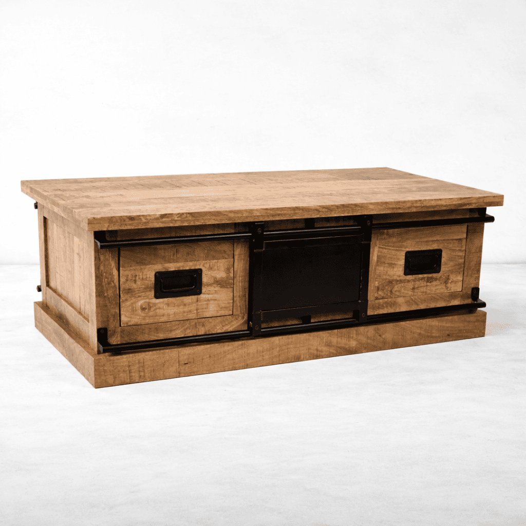table basse industrielle manguier massif et métal noir avec tiroirs style atelier KUKUU