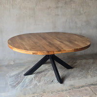 table ronde extensible en bois de manguier et métal - de 140 à 180 cm - KUKUU - avec extension de profil