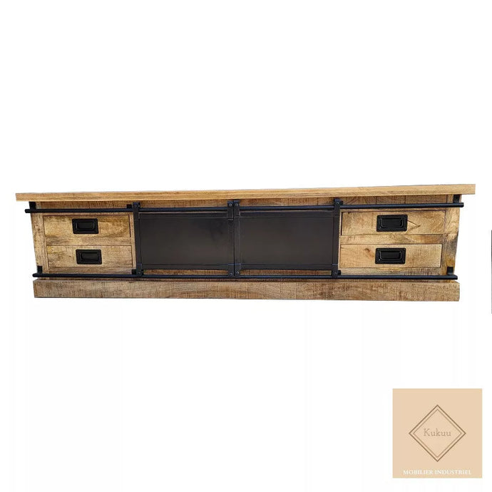 Meuble tv avec portes coulissantes, fait de bois de manguier et portes coulissantes en métal.. Mesures: 180 x 45 x 50 cm. Kukuu, boutique en ligne de meubles et décoration d'intérieur industrielle.