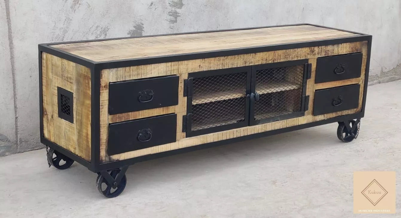 Meuble TV en bois avec deux tiroirs et roulettes