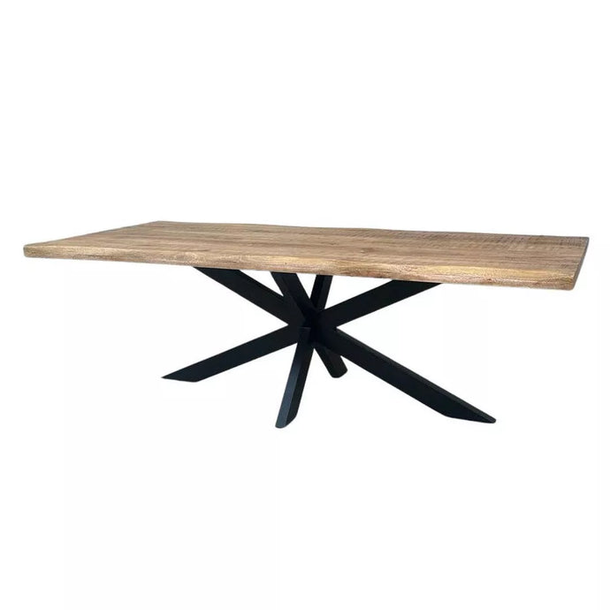 La table à manger pied central 240 cm a été fabriquée à partir d'acier et bois de manguier. Celle-ci est aussi disponible en 180 et 200 cm. Mesures: 240 x 100 x 78 cm. Kukuu, boutique en ligne de mobilier style industriel et bois massif.